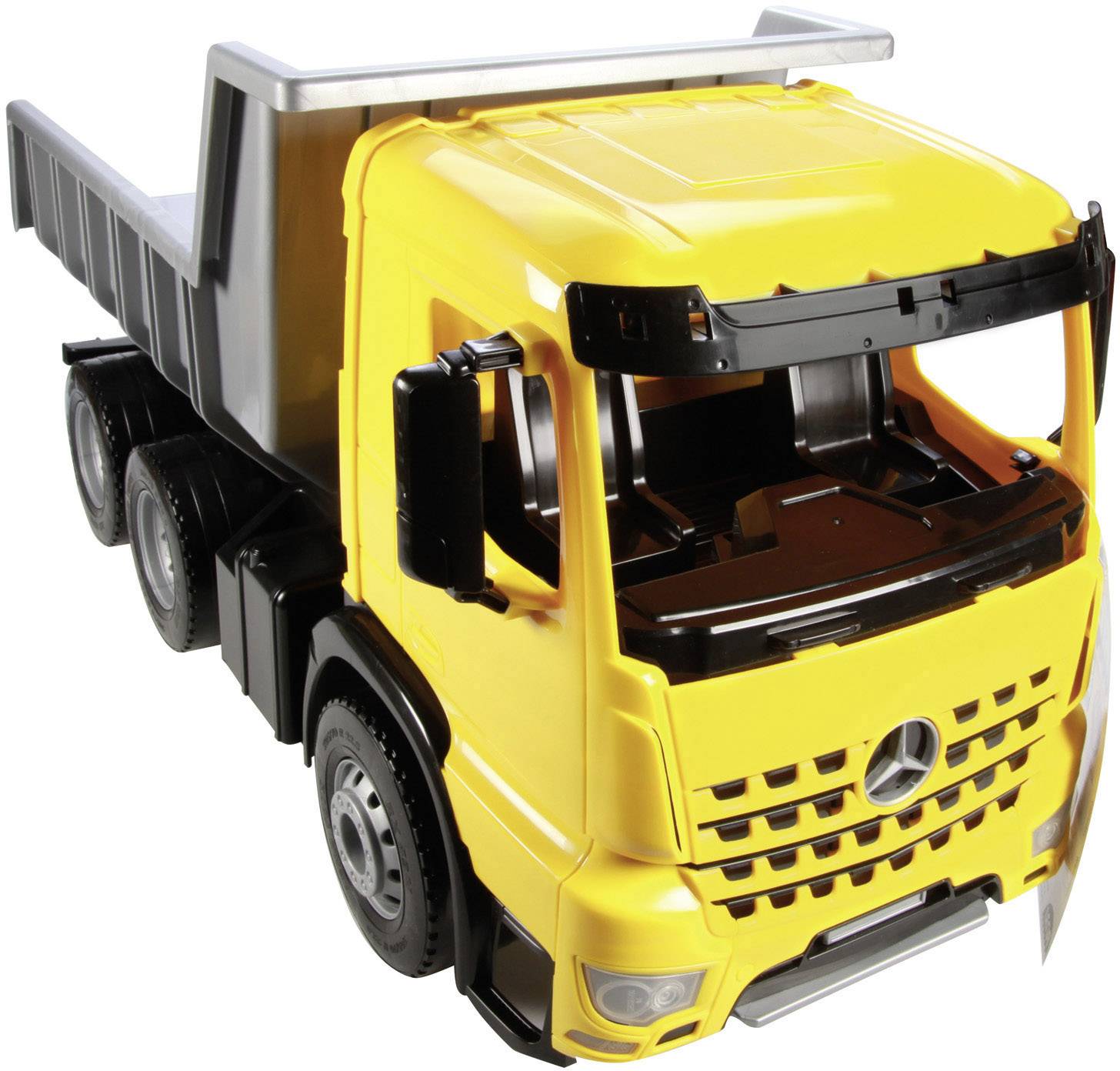 Un camion-jouet jaune avec un châssis noir. La benne basculante est relevée. Adapté pour les enfants qui jouent.
