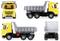 Camion-benne jouet jaune avec un plateau gris présenté sous différents angles : face avant, deux vues latérales et vue arrière.