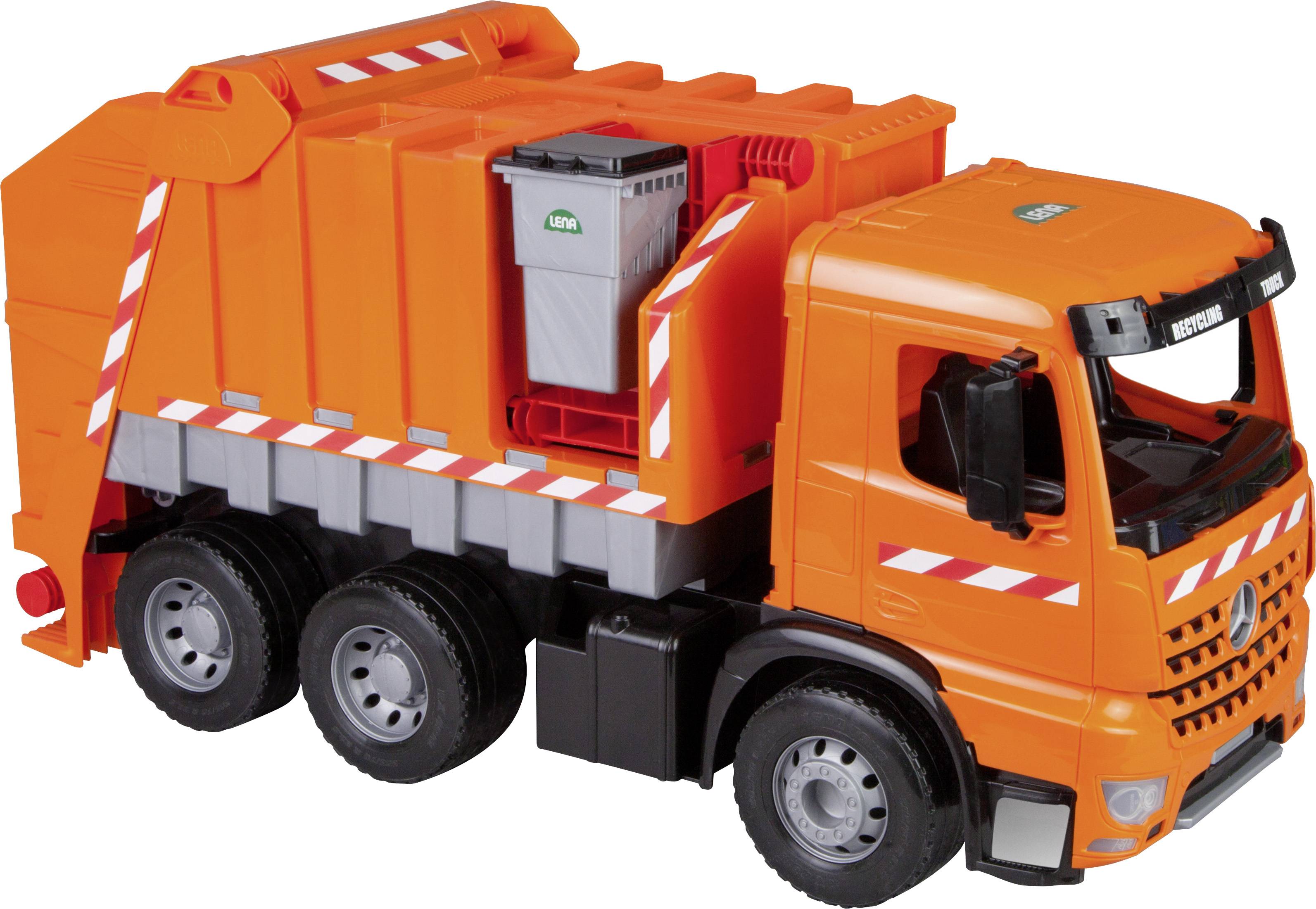 Camion-poubelle jouet orange et gris avec des roues noires. Une petite poubelle est chargée à l'arrière.