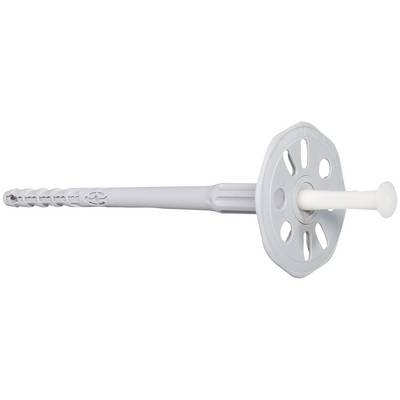 Cheville murale en plastique blanc avec une large bride circulaire et une longue vis attachée, présentée sur un fond uni.