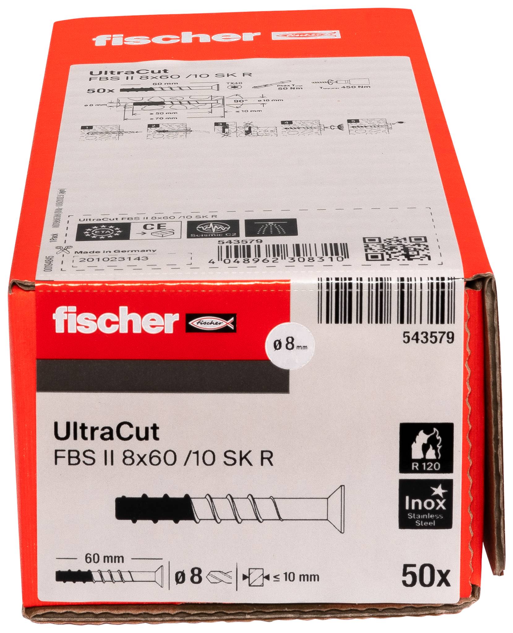 Boîte d'ancrages en acier inoxydable Fischer UltraCut FBS II 8x60/10 SK R, 50 pièces, avec schéma produit et détails de dimensions.