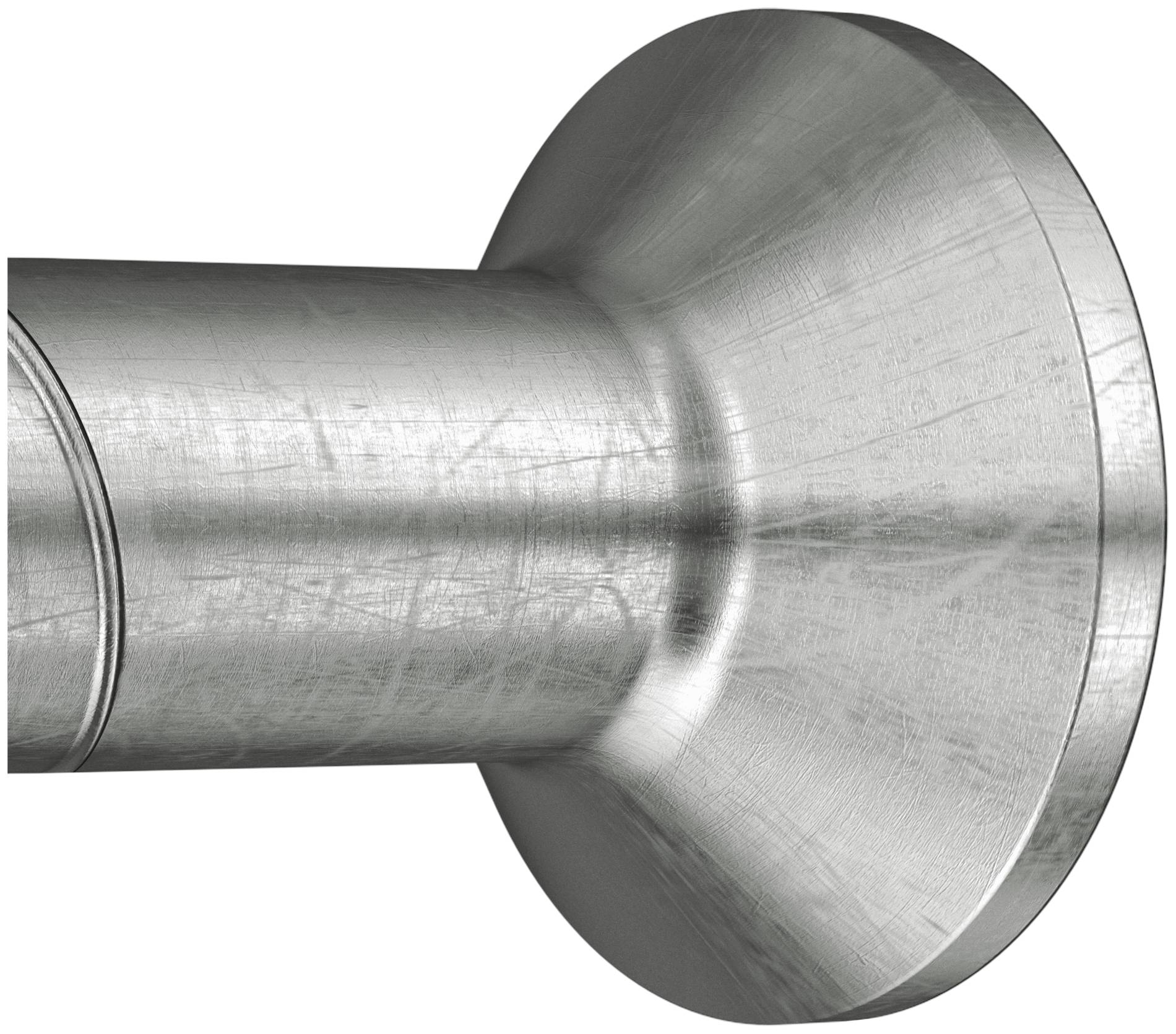 Gros plan d'une fixation métallique avec une large tête ronde et une tige cylindrique lisse sur un fond blanc.