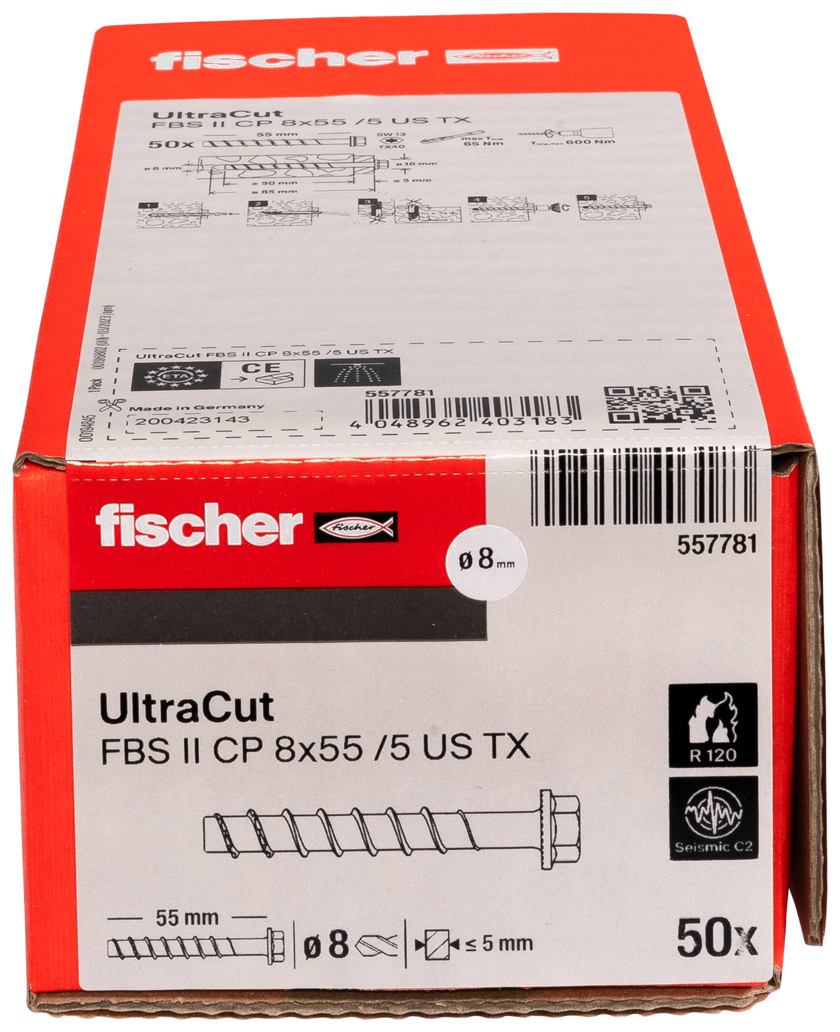 Boîte de vis Red Fischer UltraCut étiquetée « FBS II CP 8x55/5 US TX », paquet de 50, avec taille 8 mm et illustration du produit sur le devant.