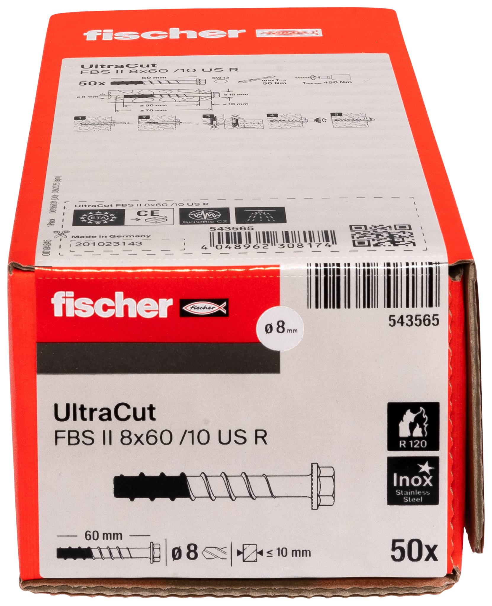 Boîte de chevilles à vis ultrafines Red Fischer UltraCut, étiquetée « FBS II 8x60/10 US R », 8 mm, 50 pièces, avec schéma de produit et icônes Inox/R120.