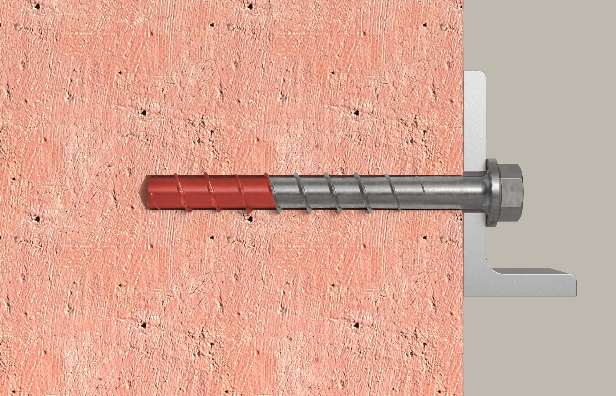 Cheville murale partiellement insérée dans un mur en maçonnerie, montrant la douille d'expansion rouge et la vis en métal gris pour fixer un support.