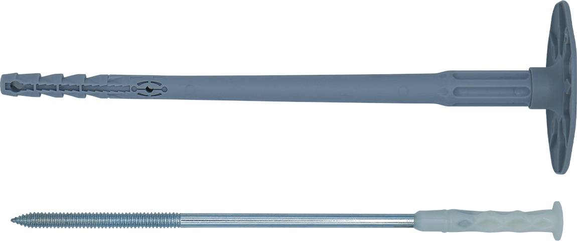 Deux chevilles de maçonnerie présentées : une cheville murale en plastique gris et une vis métallique avec une tête de style poignée en plastique gris.