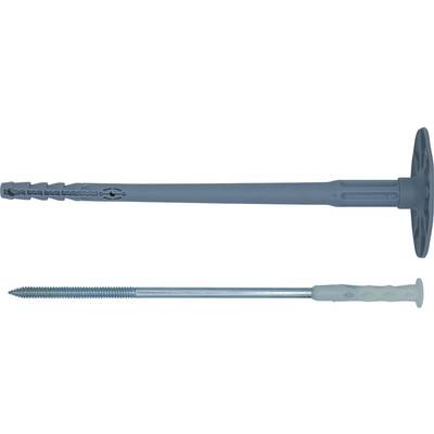 Deux chevilles de maçonnerie présentées : une cheville murale en plastique gris et une vis métallique avec une tête de style poignée en plastique gris.