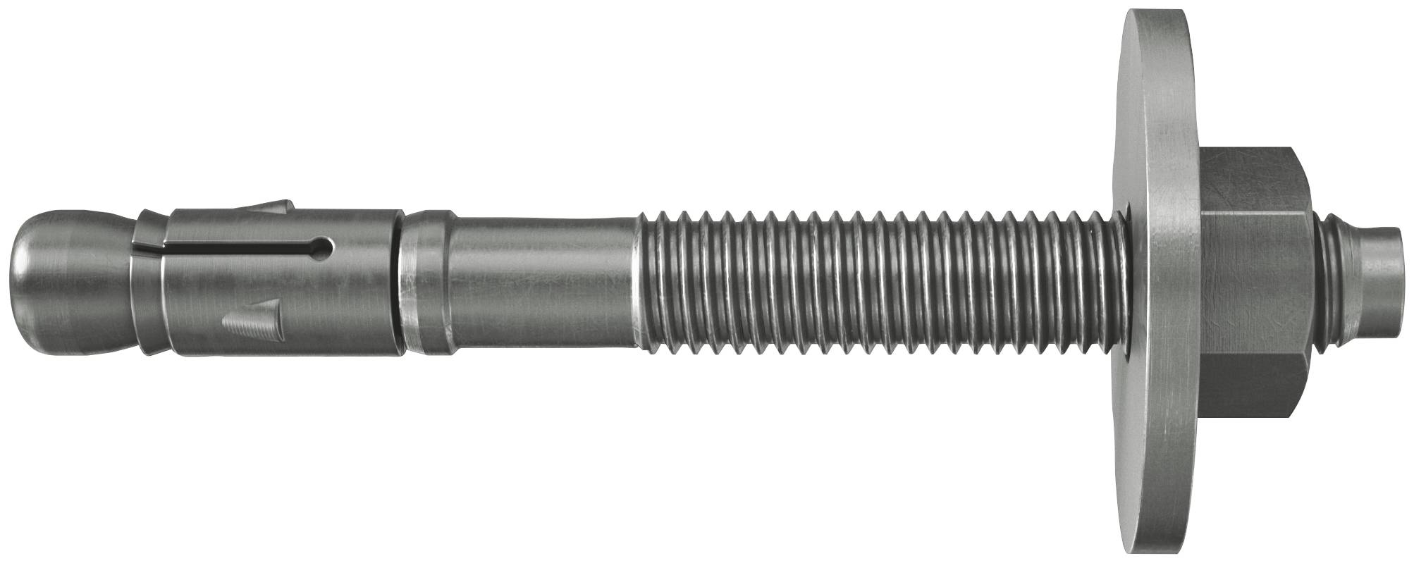Boulon d'ancrage à expansion en acier inoxydable avec tige filetée, rondelle et écrou, présenté isolé sur fond blanc.