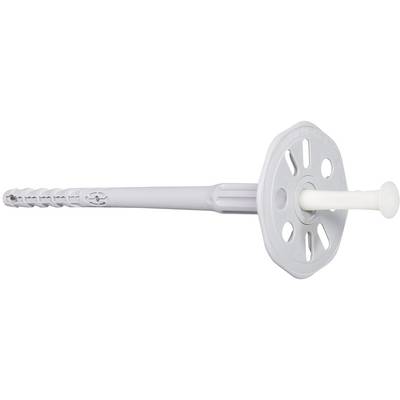 Un chevilles en plastique blanc à tête ronde et à plusieurs fentes, adapté pour la fixation de panneaux isolants sur les murs et les plafonds.