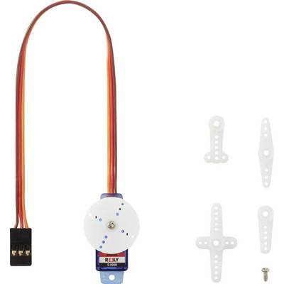 Servo-moteur RC avec câble et différents bras en plastique blanc et vis de montage.