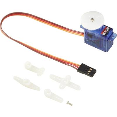 Un moteur servo-micro bleu avec un câble connecté. À côté se trouvent différents bras en plastique blanc et une vis de fixation.