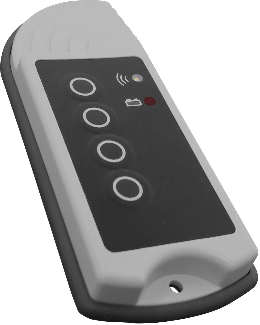 Un émetteur de télécommande pratique avec quatre boutons ronds sur un fond noir, adapté pour commander des portes de garage.