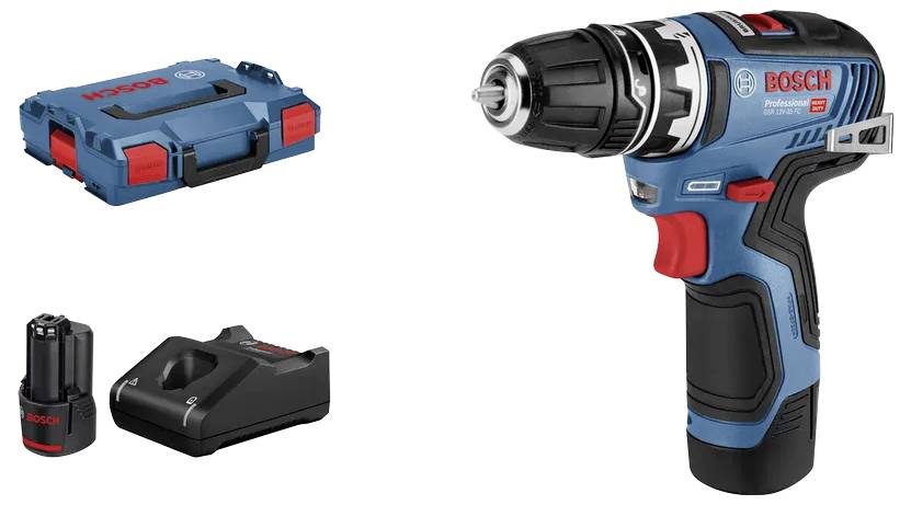 Un ensemble de perceuse Bosch bleu et noir, comprenant une perceuse sans fil, une batterie, un chargeur et une mallette de transport.