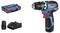 Un ensemble de perceuse Bosch bleu et noir, comprenant une perceuse sans fil, une batterie, un chargeur et une mallette de transport.