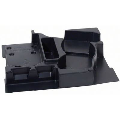 Boîtier noir en plastique structuré avec plusieurs compartiments et découpes, probablement un composant ou un support pour un appareil.