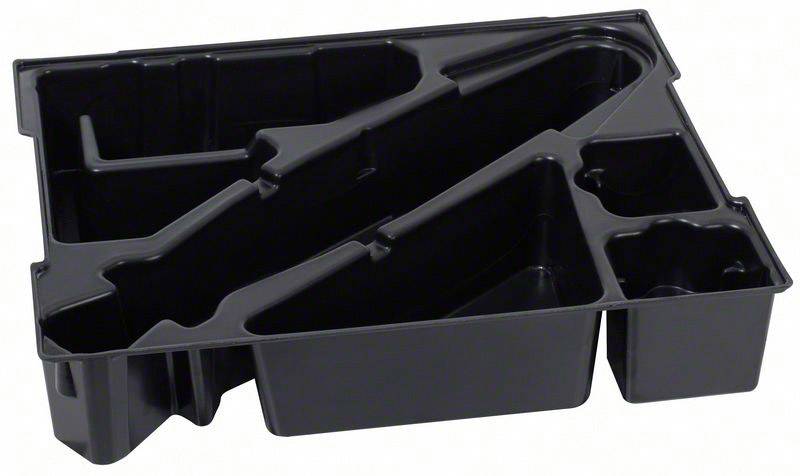 Un insert en plastique noir avec plusieurs compartiments de différentes tailles, conçu pour organiser des outils ou de petites pièces.