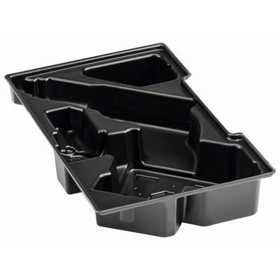 Un plateau en plastique noir structuré, composé de plusieurs compartiments de formes et de tailles variées.