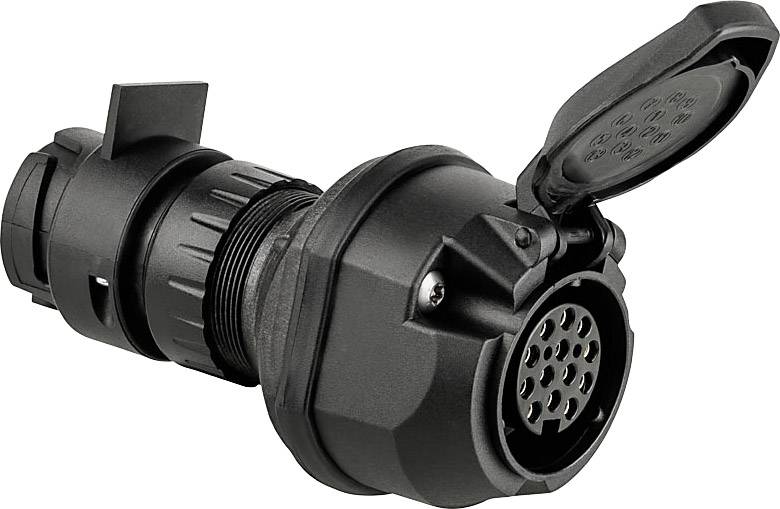 Un connecteur noir amovible avec un couvercle, révélant des contacts circulaires. Adapté pour les connexions électriques.