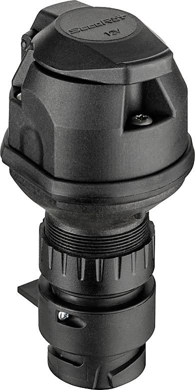 Connecteur électrique noir cylindrique avec couvercle de protection coudé et marquage 19 V, adapté aux applications industrielles.