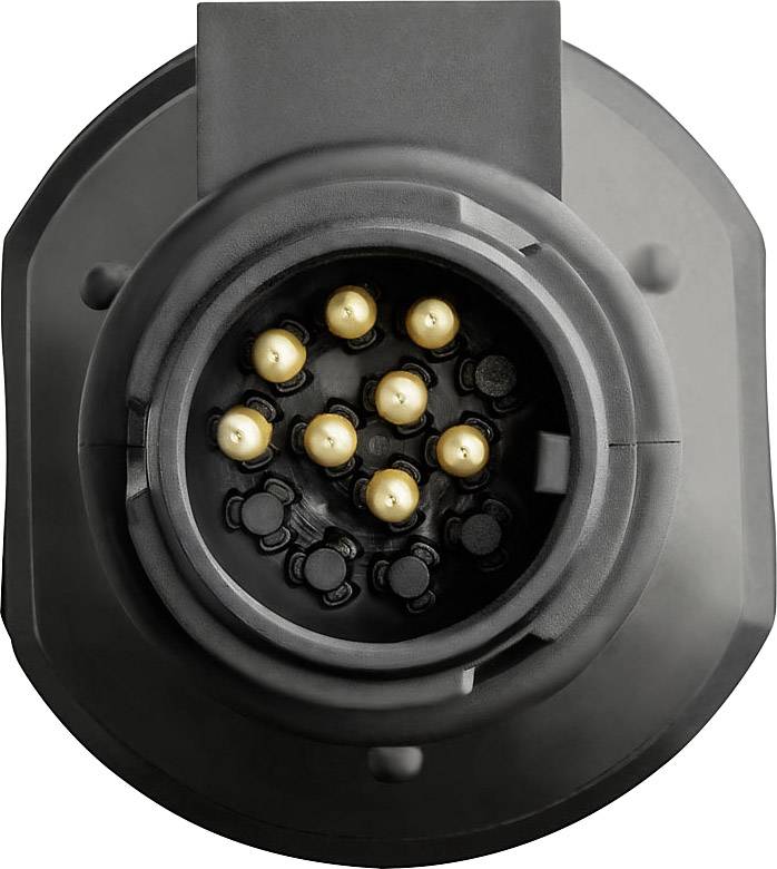 Gros plan d'une prise ronde avec plusieurs broches de contact dorées, utilisée pour assurer une connexion électrique sécurisée.