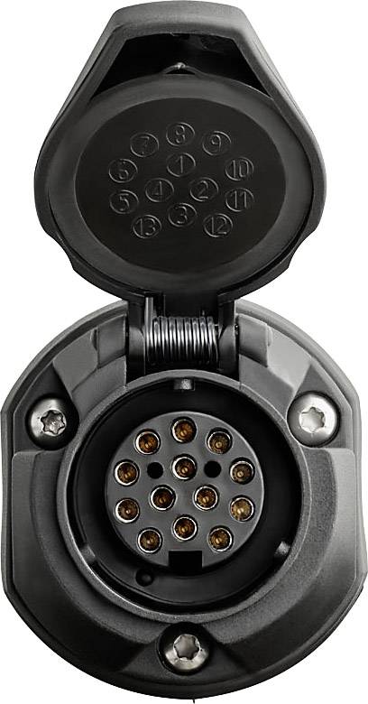 Un connecteur d'attelage à 12 broches ouvert, utilisé pour la connexion entre les véhicules et leurs remorques afin de transmettre l'électricité et les signaux.