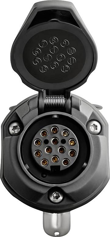 Prise d'attelage noire à 13 broches avec couvercle ouvert, montrant les connexions électriques, adaptée pour relier un véhicule à une remorque.