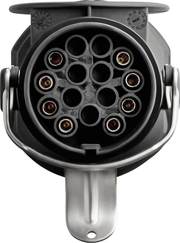 Connecteur électrique à contacts circulaires pour la charge de véhicules. Présente une prise standard pour véhicules électriques.