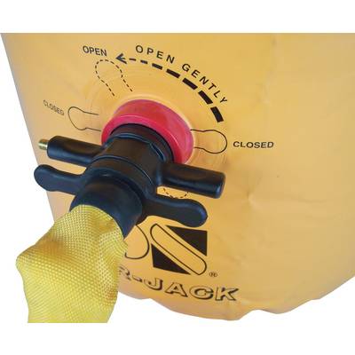 Un cric pneumatique jaune avec des instructions sur sa surface, indiquant les directions d'ouverture et de fermeture des vannes.