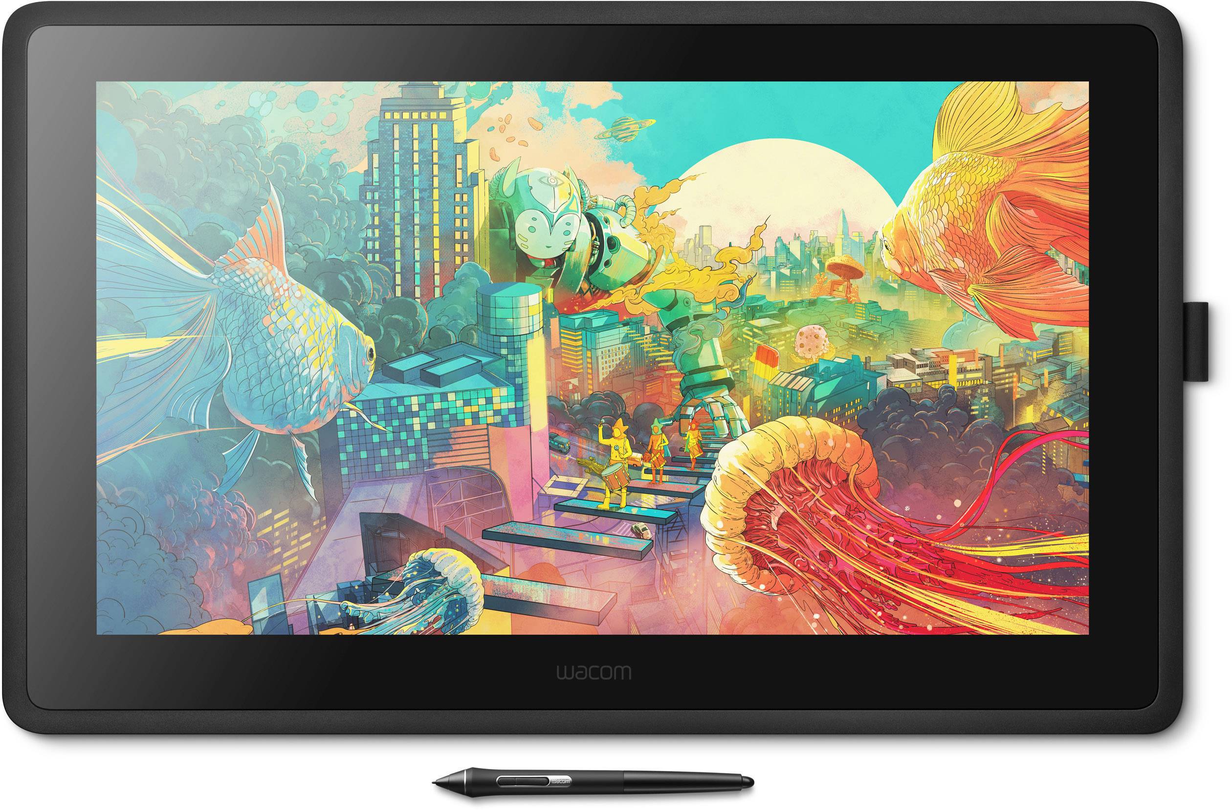 Une tablette graphique avec une œuvre d'art colorée et imaginative, représentant des poissons, des bâtiments et un paysage dans des couleurs vives.