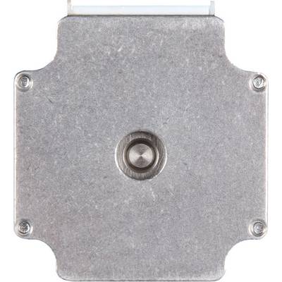 Plaque métallique avec un bouton central rond et quatre vis aux coins, probablement un composant technique ou un interrupteur.