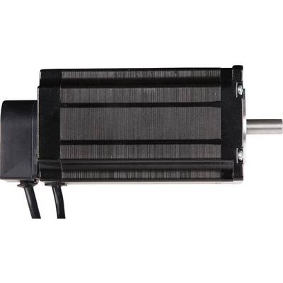 Moteur électrique noir avec arbre métallique visible à droite. Deux câbles dépassent à gauche.