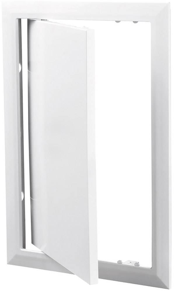 Trappe de maintenance blanche, rectangulaire, avec petite porte ouverte, adaptée pour accéder à des zones dissimulées.