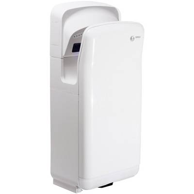 Un sèche-mains moderne, blanc, au design élégant, adapté pour une utilisation dans les toilettes publiques.