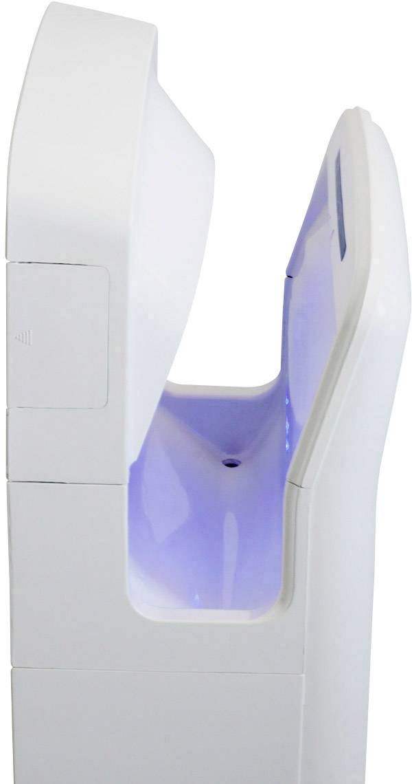 Un sèche-mains blanc vertical avec une zone ouverte identifiable par un éclairage bleu.