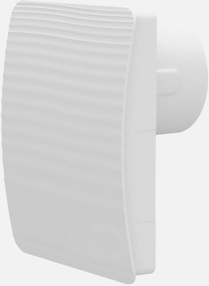 Ventilateur mural blanc avec grille ondulée, vue latérale, sur fond blanc. Adapté pour la salle de bain ou la cuisine.