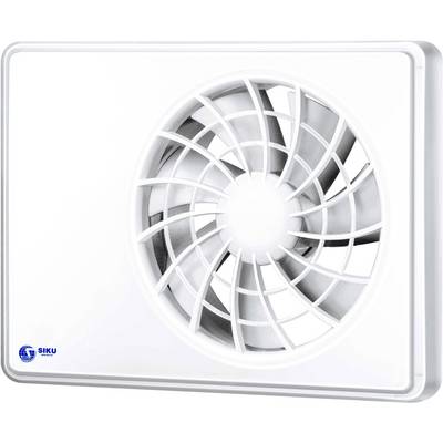 Un ventilateur de ventilation blanc avec une grille de protection sur un fond rectangulaire.
