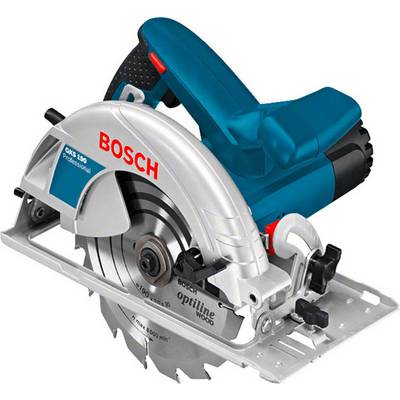 Une scie circulaire manuelle bleue et argentée portant l'inscription 'Bosch' sur le boîtier, adaptée aux travaux sur bois.