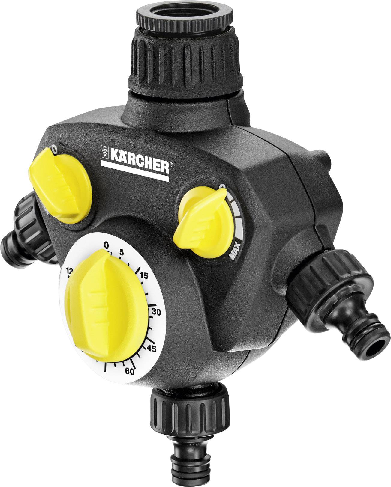 Un dispositif de commande d'irrigation noir de Kärcher avec des boutons rotatifs jaunes pour le réglage du temps, offrant trois possibilités de connexion.
