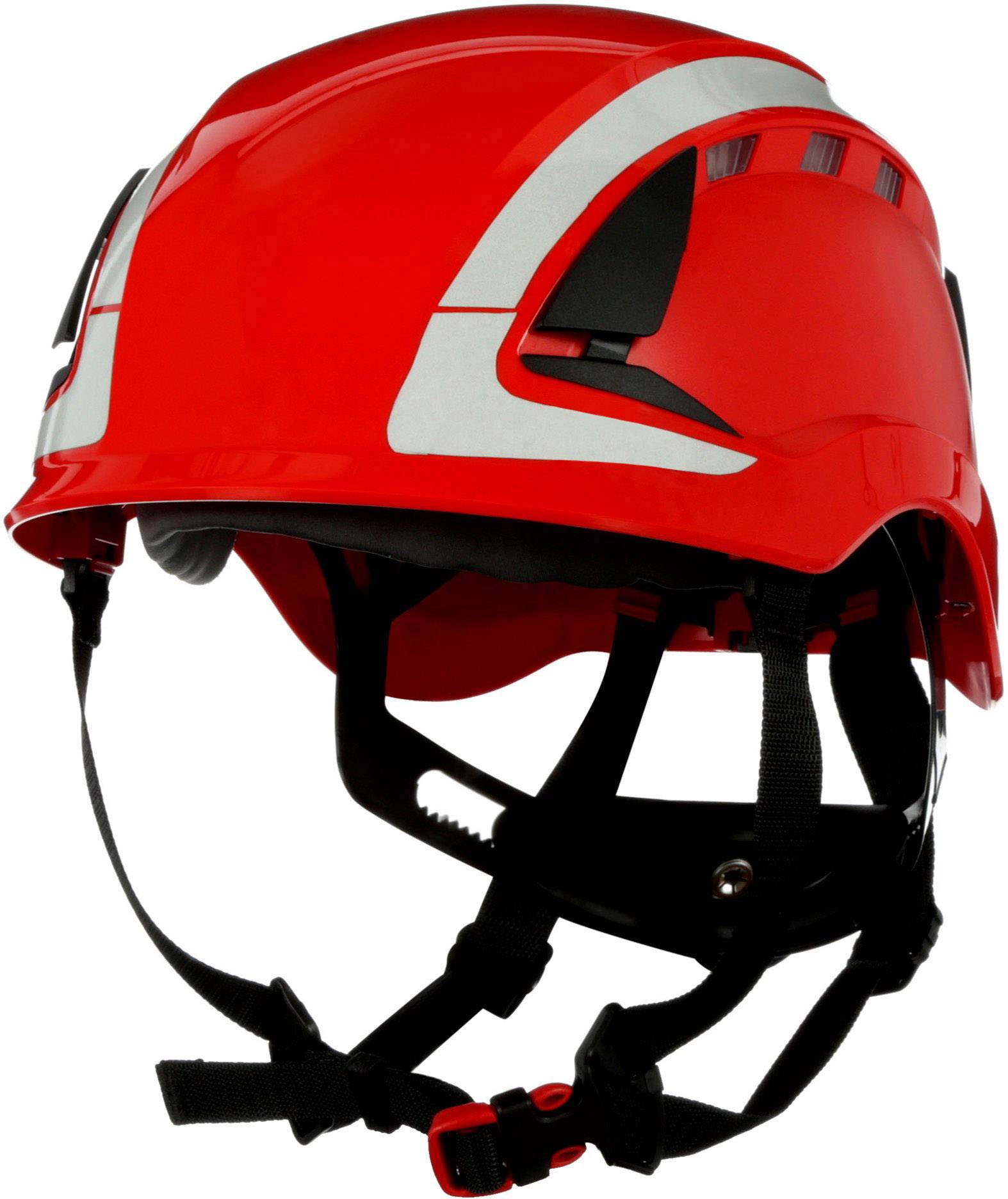 Un casque de sécurité rouge avec des détails noirs et réfléchissants. Il est équipé de sangles réglables et offre une protection pour les travaux en hauteur.