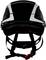 Un casque de protection noir avec des bandes réfléchissantes blanches et une jugulaire réglable, photographié de face.