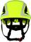 Un casque de sécurité jaune vif avec des bandes réfléchissantes et une jugulaire noire, vu de face.