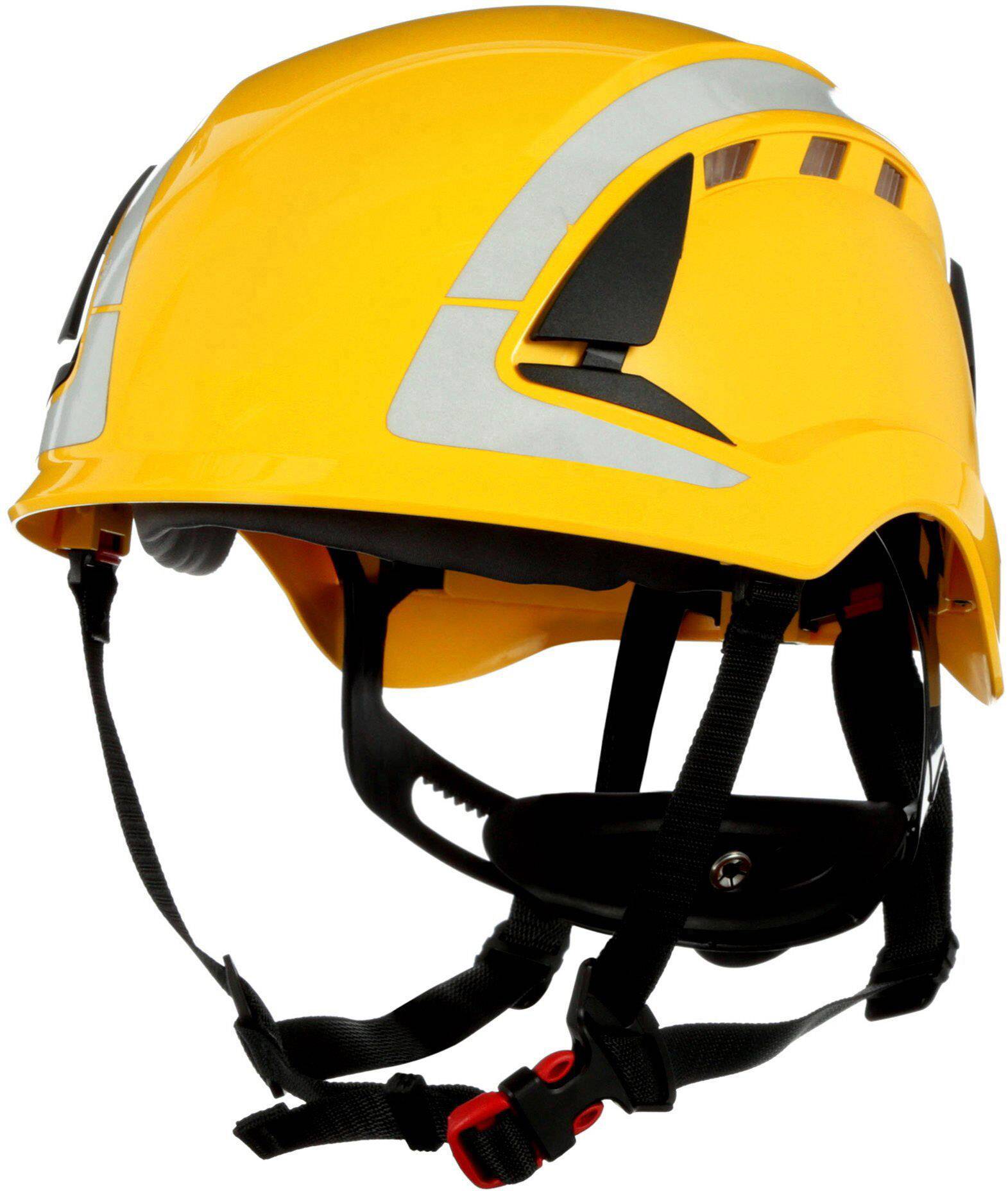 Casque de protection jaune avec des rayures grises et un écran noir. Équipé de sangles réglables et d'une fermeture à boucle rouge.