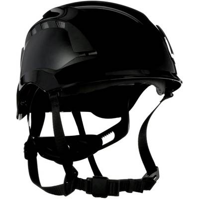 Casque de protection noir avec sangles réglables, principalement destiné à des fins de sécurité dans les environnements de travail ou lors de la pratique du cyclisme.