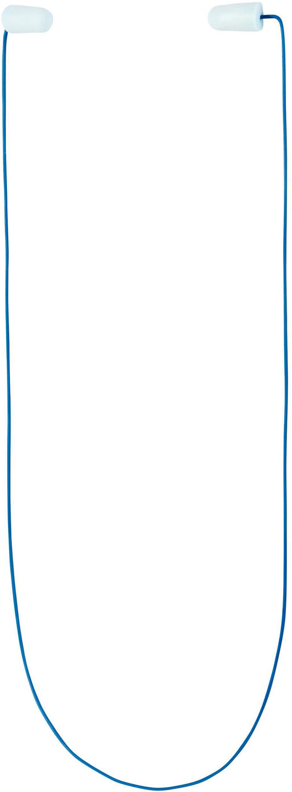 Écouteurs sans fil avec câble bleu et embouts blancs.