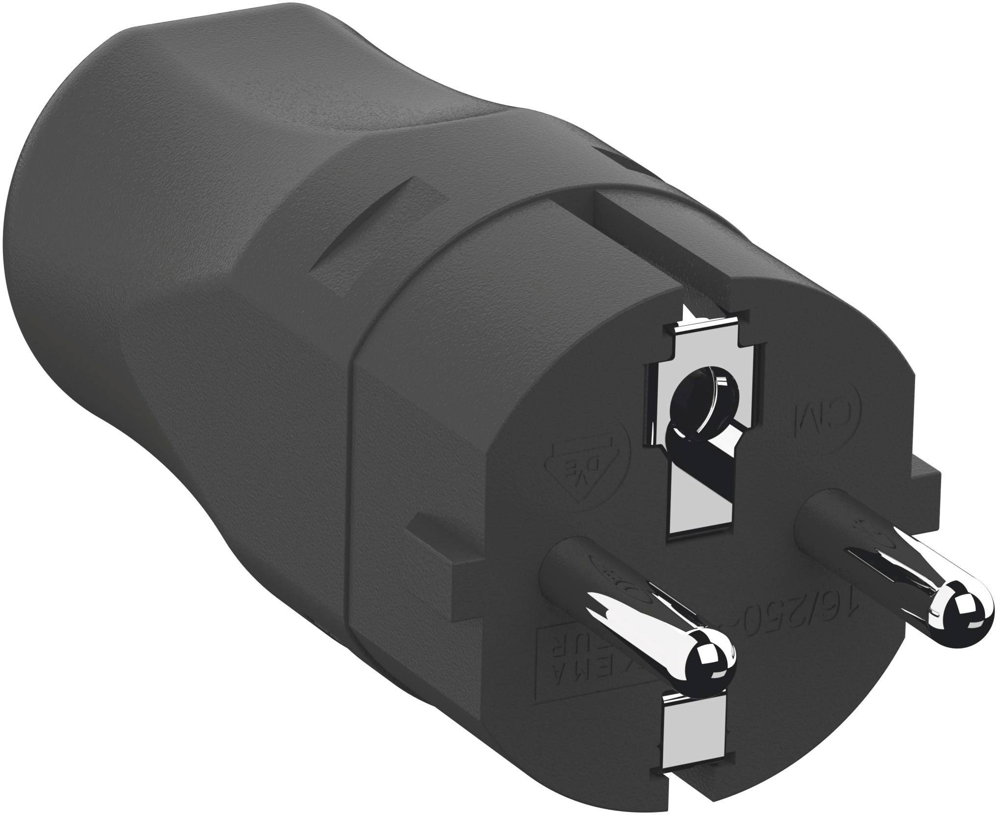 Une prise Schuko noire avec deux broches métalliques, utilisée en Europe pour les connexions d'appareils électriques.