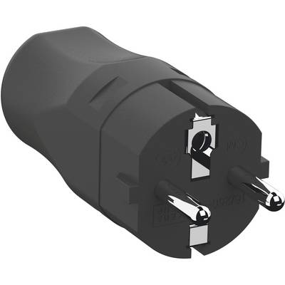 Une prise Schuko noire avec deux broches métalliques, utilisée en Europe pour les connexions d'appareils électriques.
