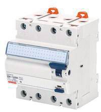 Disjoncteur tripolaire avec boîtier blanc et interrupteur bleu. Développé pour la protection contre les surintensités et les courts-circuits dans les installations électriques.