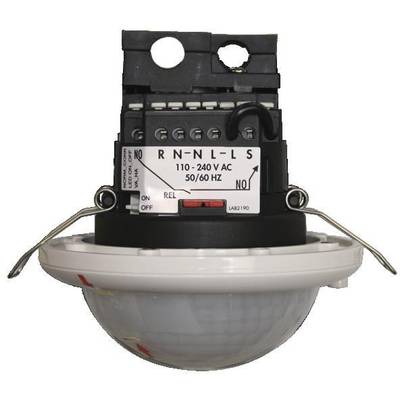 Un détecteur de mouvement avec une tension de 110-240 V CA, 50/60 Hz. Le capteur dispose des bornes 'R', 'N', 'L', 'S' et d'un interrupteur 'ON/OFF'.