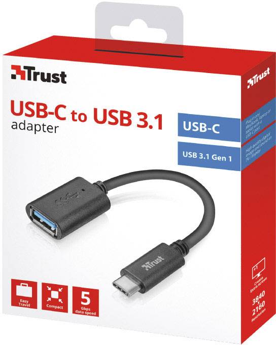 Emballage produit d'un adaptateur USB-C vers USB 3.1 de Trust, 5 Gbps, Noir, avec illustrations et détails techniques sur la face avant.