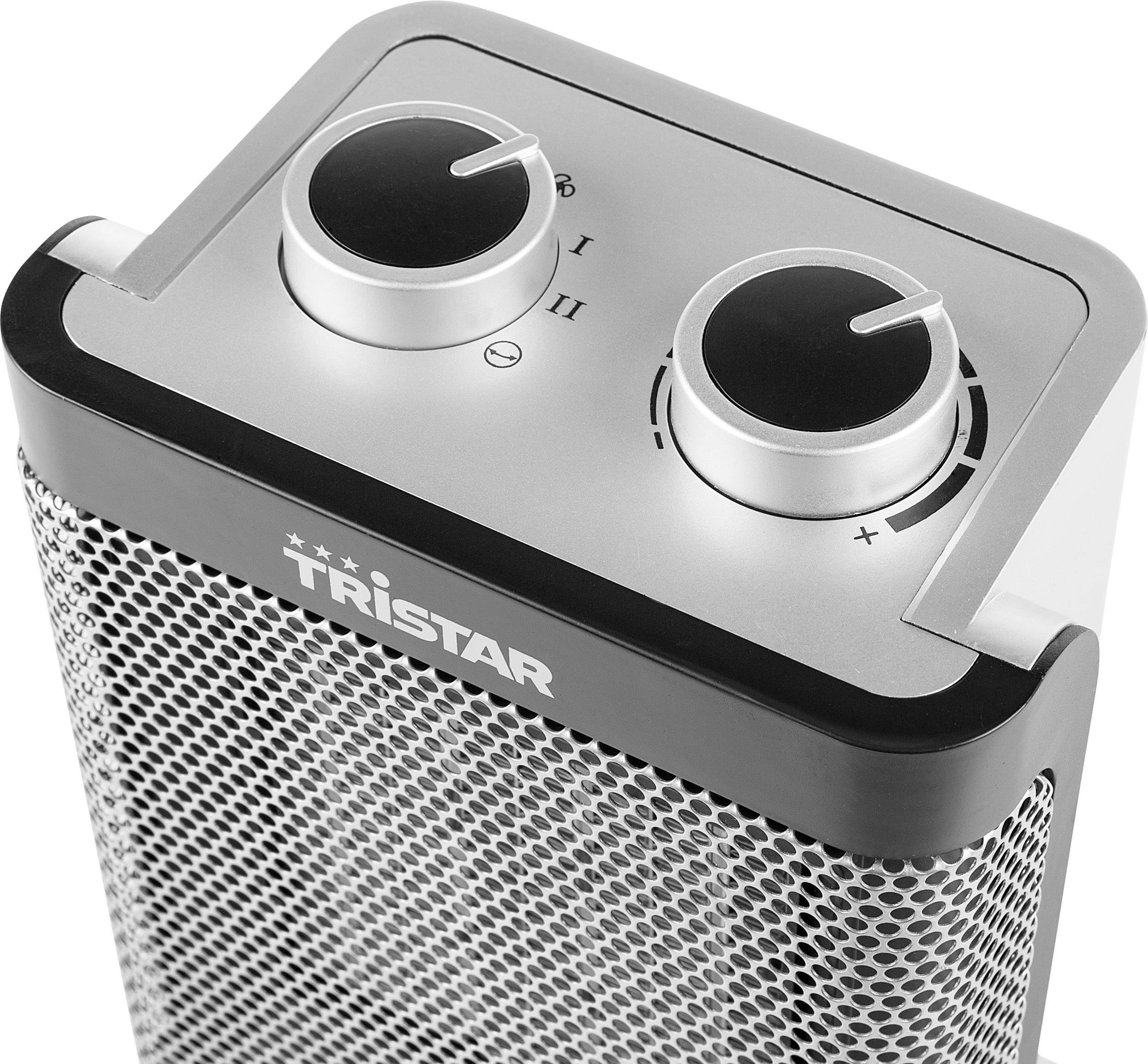 Chauffage soufflant avec deux boutons rotatifs pour les niveaux de chauffage et le thermostat. Nom de marque 'Tristar' visible sur l'avant de l'appareil.
